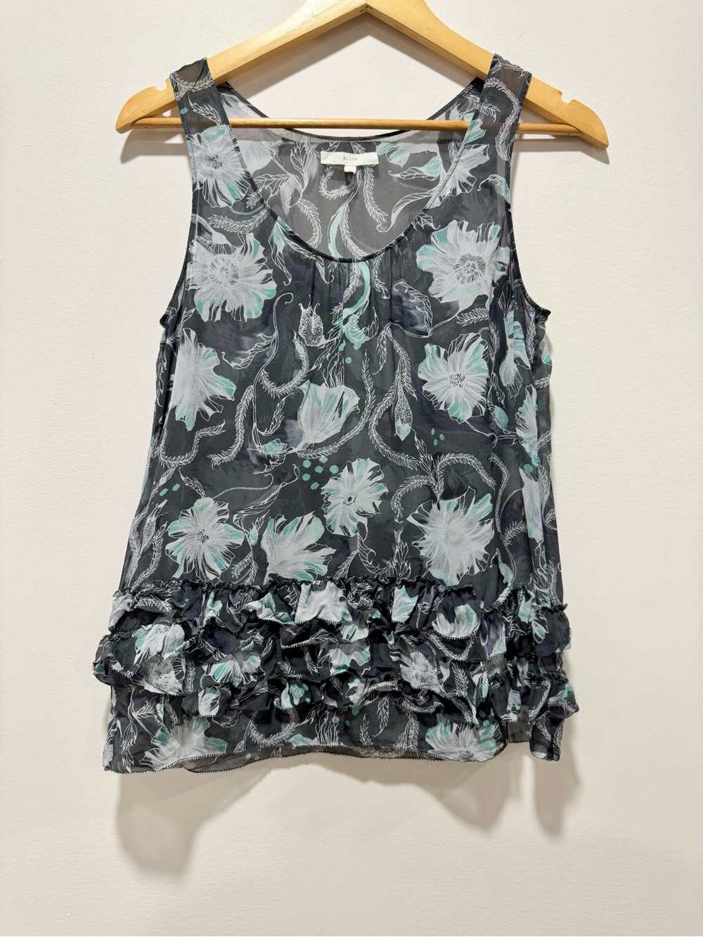 Eliot 100% Silk Watercolor Floral Sheet r Ruffle Hem Sleeveless Blouse Size S